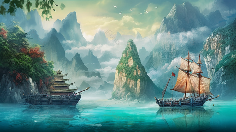 古风蓝色秀丽山河船帆行驶手绘背景,插画/手绘图,插画/手绘图库,插画/手绘图下载,插画/手绘
